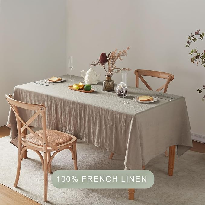 TOSMO 100% French Linen Tablecloth, Washable Farmhouse Rectangle Table Cloth for Kitchen, Dining, Party, Cocktail, Indoor and Outdoor Daily Use(60''x108'',Taupe)