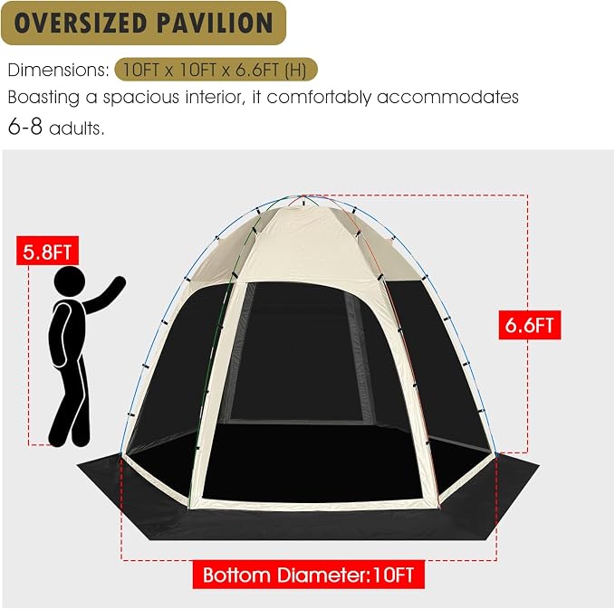 Screen Tent with Removable Floor, Siebwin 10'x10' Six-Sided Gazebos with Mosquito Netting Sunproof Outdoor Canopy Tent for 4-6 People Family Backyard Party Outside Activities