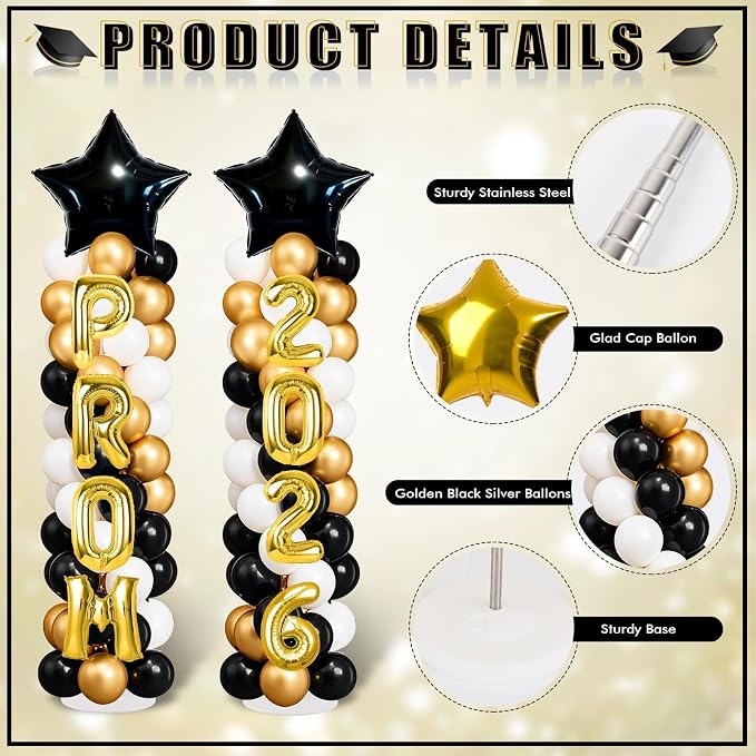 2 Sets Black Gold Balloon Column Stand Kit with Balloons Prom Send off 2026 Prom Themed Decoration Black Gold Balloon Tower Stand for Floor Grad School & College Celebration Party Supplies