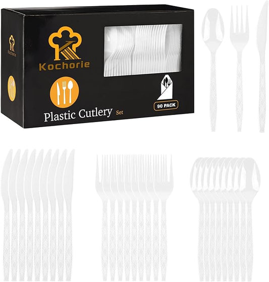 Kochorie 90 Pieces White Plastic Cutlery Set Disposable Plastic Utensils Heavy Duty Flatware Set Includes 30 Knives 30 Forks 30 Spoons for Wedding Birthday Baby Shower Party Supplies