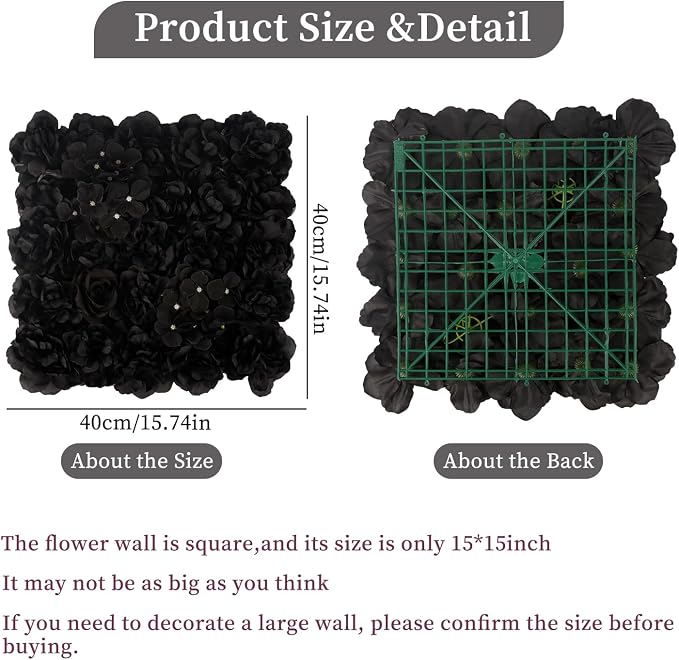 3D Flower Wall Backdrop - 12Pcs 15×15 Inch Artificial Rose Panels Black Silk Floral Decor for Home Party Wedding Anniversary Birthday Photographic Studio Background & Decorative Fences