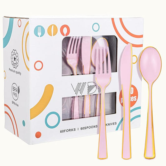 WDF 180 Pieces Pink Plastic Silverware with Gold -Pink Plastic Utensils Set - 60 Guest Cutlery Disposable for Birthday Party Baby Shower Wedding Spring