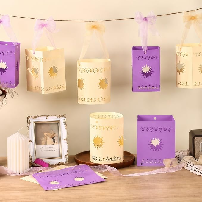 20 Pcs DIY Hanging Lanterns with String Light, Sun Shaped Thickened Paper Cutout Lantern for Princess Girls Birthday Party Home Yard Festival Decorations (10 Yellow+10 Purple, Batteries Not Included)