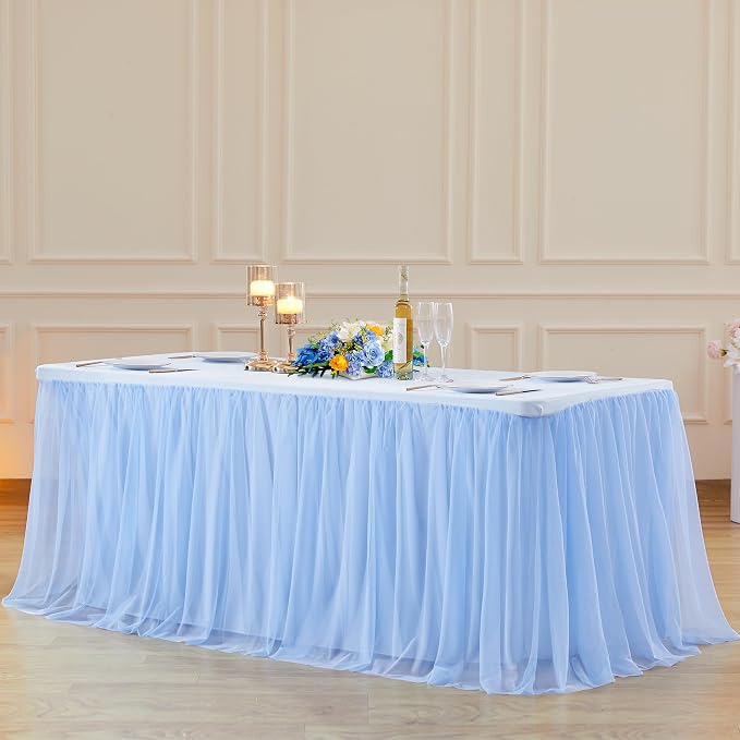 2 Pack 6ft Baby Blue Tulle Tablecloths for Rectangle Tables 72 x 30 Inch Rectangular Table Cloth Wrinkle Free Table Cover with Tutu Skirt for Baby Shower Birthday Party Banquet Buffet Cake Decorations