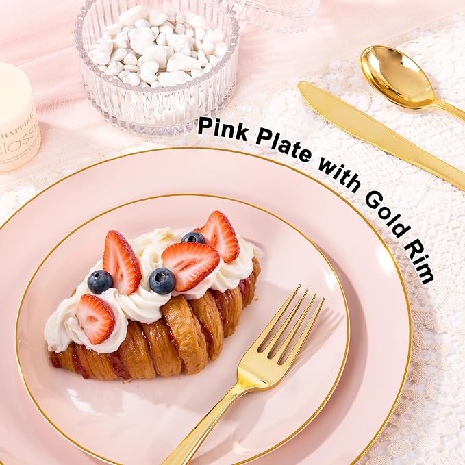 YOUBET 125PCS Pink Plastic Plates - Pink Disposable Plates With Gold Rim - Pinks and Gold Plates Include 25 Dinner Plates, 25 Dessert Plate, 75 Cutlery for Party Wedding Birthday