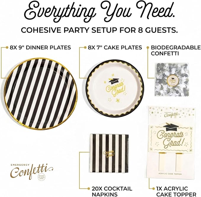 Graduation Celebration, Stylish Tableware Set for 8 Guests – Black/White