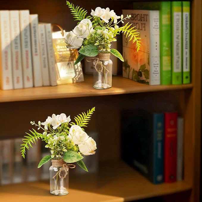 6-Pc Mason Jar Centerpieces for Tables with Artificial Roses – Farmhouse Wedding & Bridal Shower Table Decoration for Party Event Kitchen Bathroom Living Room（8.45oz