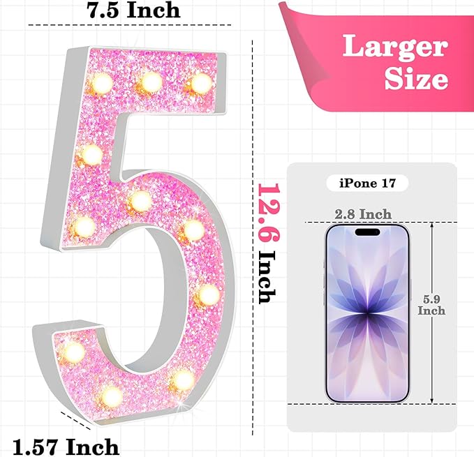 12.6 Inch LED Pink Marquee Light Up Numbers, Sweet 5th Birthday Decorations Number Lights as Gifts for Girls Women, Glitter Lighted Marquee Numbers for Pink Anniversary Party Table Decor, 5