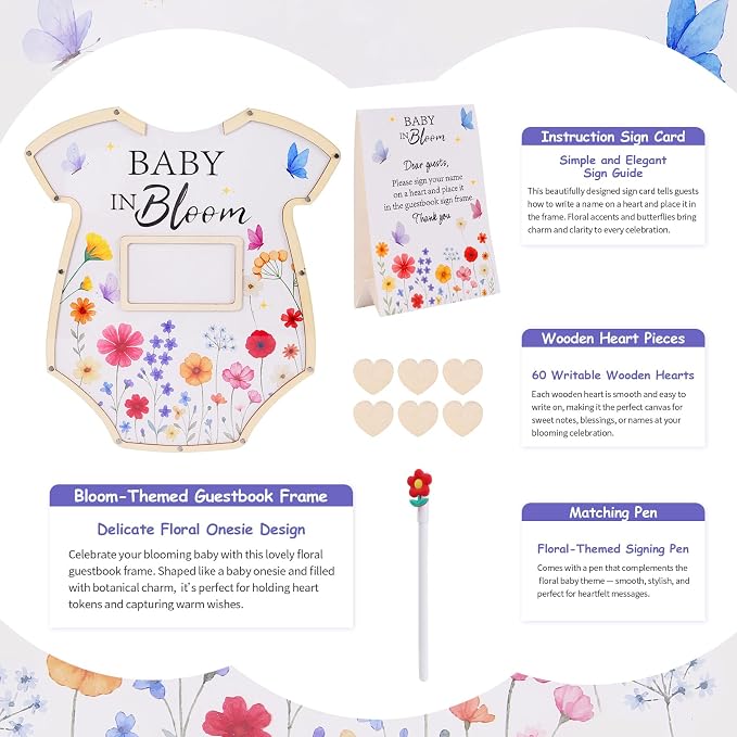 Baby in Bloom Baby Shower Decorations,Wildflower Baby Shower Guest Book Alternatives with Butterfly Pen,Photo Frame and 60 Heart Wood Slices for 60 Guests,Gender Reveal Decorations