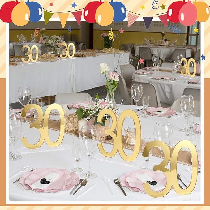 Threehoney 6 Pcs Mirror Gold 30th Birthday Decorations for Men and Women Acrylic Anniversary Decorations Table Numbers Centerpieces for Birthday Party