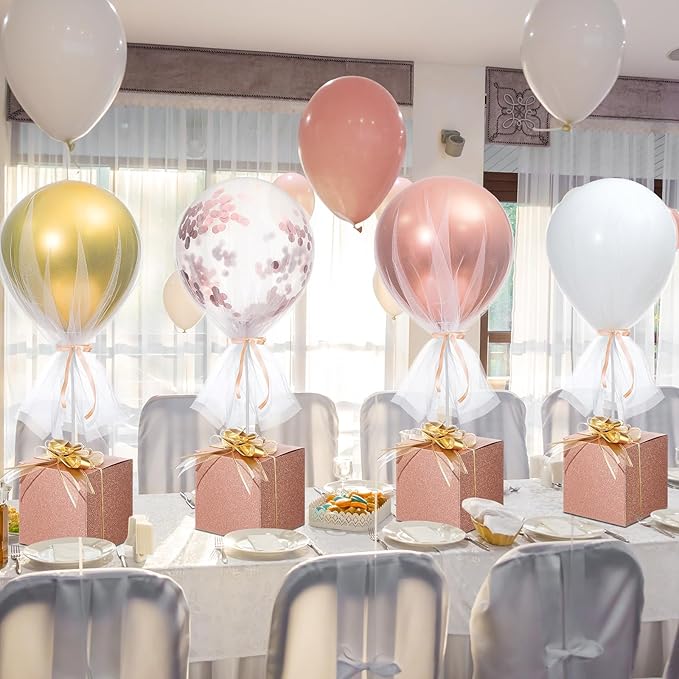 4 Set Rose Gold Confetti Tulle Tutu Balloon with Letter Boxes Baby Shower Table Centerpieces Decor for Gender Reveal 24'' Balloons White Tulle Cover with Stand, Boxes for Wedding Birthday Party