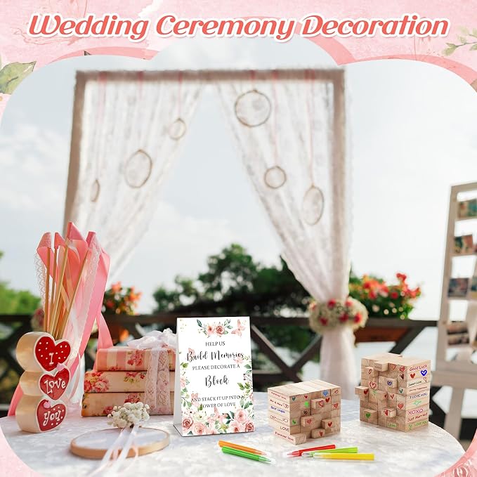 Nuanchu 125 Pcs Wedding Guest Book Alternative 100 Wooden Block Guest Book 24 Signing Pens Wedding Game Sign Wedding Decorations for Reception Bridal Shower Guest Book for Sign in (Flower)