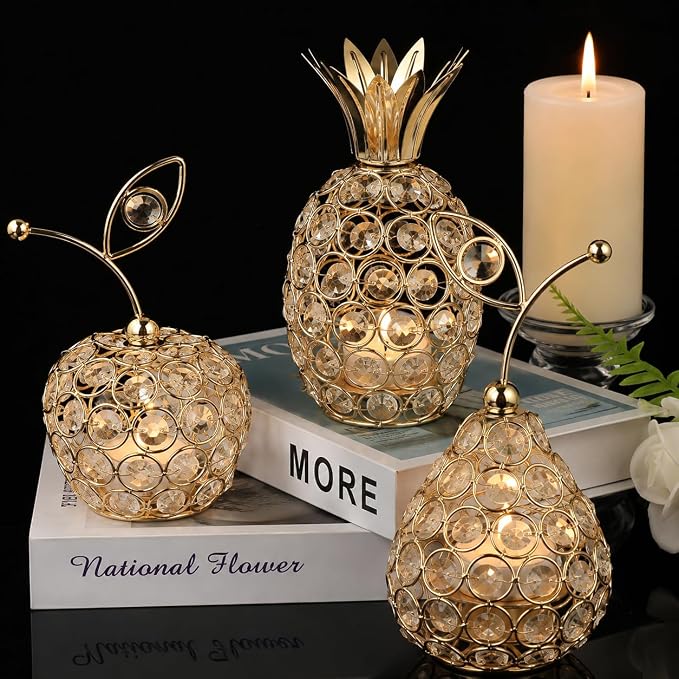 3 Pcs Golden Crystal Hollow Candlestick, Metal Crystal Table Centerpiece, Including Pineapple Pear Apple, Decorative Candlestick, Ideal for Wedding, Party, Anniversary and Home Decor
