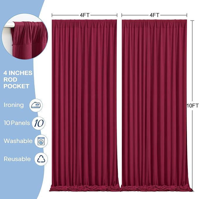 10 Panels Burgundy Backdrop Curtains - Wrinkle Free Fabric Backdrop Curtain for Photoshoot, 10FT Wedding Party Photo Backdrop Drapes for Birthday Baby Shower Photography Stage Background Decorations