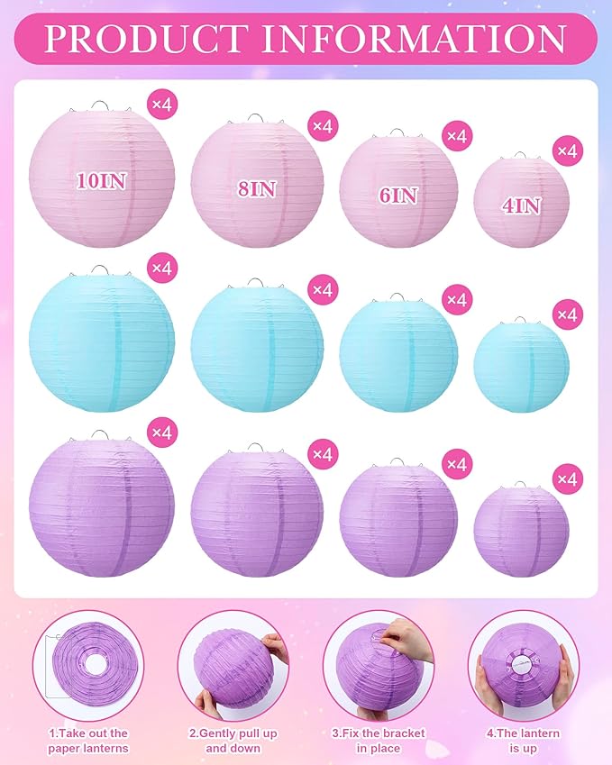 Treela 48 Pcs Paper Lanterns Party Decorations Chinese Round Paper Decor 4/6/8/10 Inch Asian Hanging Lamps Decorative for Graduate Wedding Birthday Party Bridal Parties Supplies(Purple)