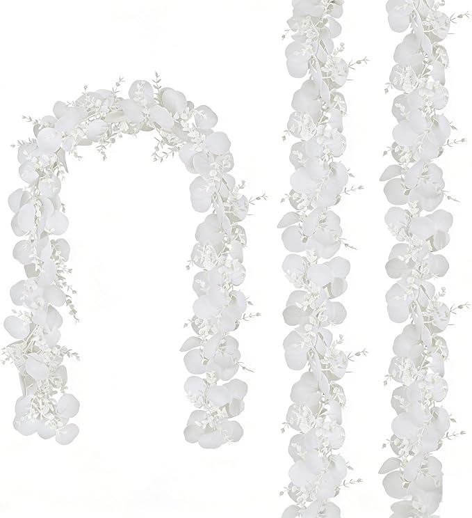 CQURE 3Pcs Eucalyptus Garland,Artificial Eucalyptus Leaves Table Greenery Garland Wreath Vines for Wedding Party Table Fireplace Bedroom Wall Room Decor