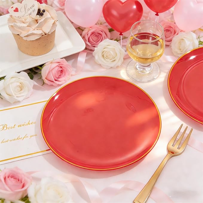 Festiva 200Pcs Red Gold Dessert Plates 6.3" with Plastic Forks 5"-Small Disposable Plates- Dessert/Cake/Appetizer Plastic Plates include 100Plates 100Forks for Birthday Party&July 4th