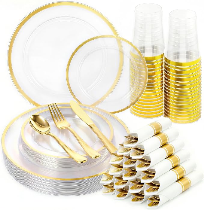 175pcs Plastic Dinnerware Set Clear & Gold | Disposable Plastic Plates for 25 Guests Include 50 Plastic Plates,25 Cups & 25 Pre Rolled Napkins with Cutlery Set for Party