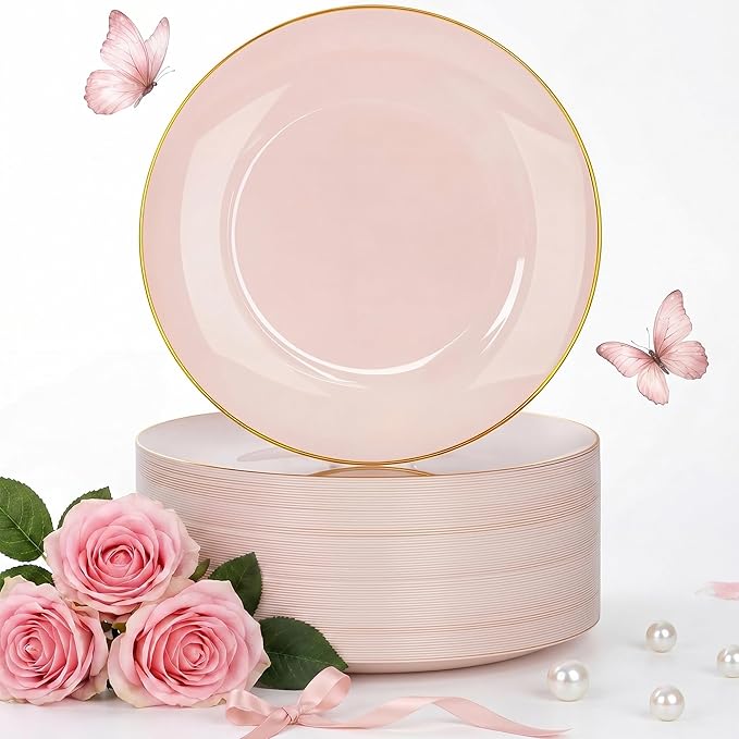 Nervure 100PCS Pink and Gold Plastic Plates - 10.25 inch Pink Disposable Plates with Gold Rim - Party Plate - Dinner Plate Ideal for Wedding & Party & Mothers Day