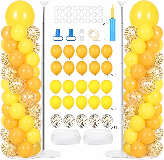 2 Sets Golden Yellow Balloon Column Stand Kit with 100 Balloons Adjustable Balloon Tower Stand with Bases for Floor Confetti Balloons Column Kit for Graduation Birthday Appreciation Party Decor