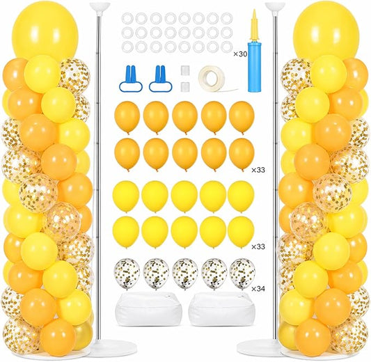 2 Sets Golden Yellow Balloon Column Stand Kit with 100 Balloons Adjustable Balloon Tower Stand with Bases for Floor Confetti Balloons Column Kit for Graduation Birthday Appreciation Party Decor