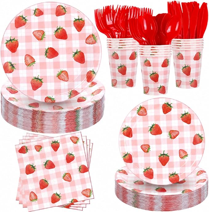 Ziliny 280 Pcs Strawberry Tableware Set Disposable Strawberry Paper Plates and Napkins Paper Cups Plastic Knives Forks Spoons for Baby Shower Berry Sweet Birthday Party Supplies, Serve 40