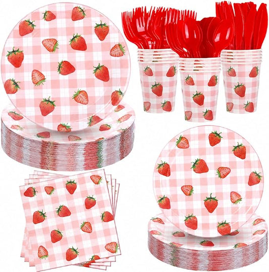 Ziliny 280 Pcs Strawberry Tableware Set Disposable Strawberry Paper Plates and Napkins Paper Cups Plastic Knives Forks Spoons for Baby Shower Berry Sweet Birthday Party Supplies, Serve 40