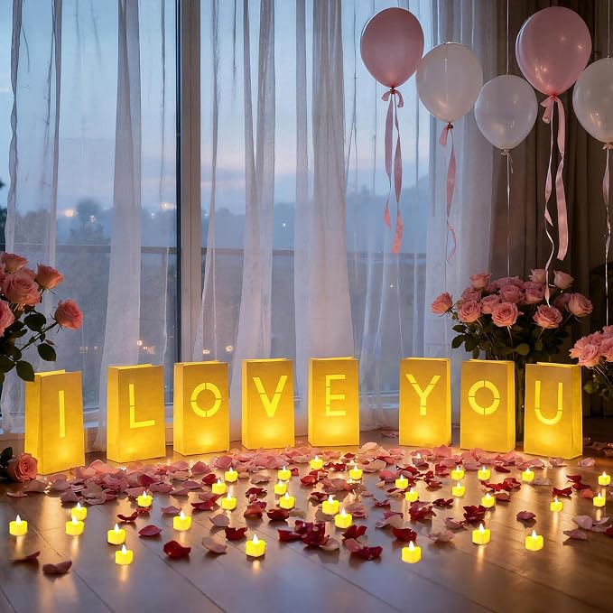 Valentines Day Decorations, Special Night Romantic Decorations - I Love You Light Up Letters Luminary Bags with Bright Flameless Tea Candles and Fake Rose Petals, Happy Anniversary