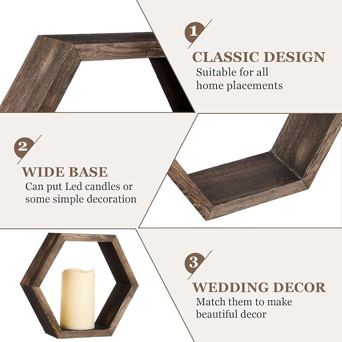 Colingmill 16 Pcs Wooden Candle Lantern Set Includes 8 Rustic Wedding Centerpieces for Table Decorative Candle Lanterns and 8 Flameless Decorative LED Candles for Wedding, Dark Brown, Hexagon
