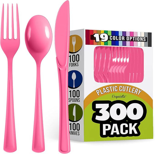 Party Solids Pink Plastic Silverware Heavy Duty 300 Pieces Pink Disposable Silverware Heavy Duty, Utensil Sets, 100 Of Each Forks, Knives & Spoons Disposable Cutlery Set For Party Supplies