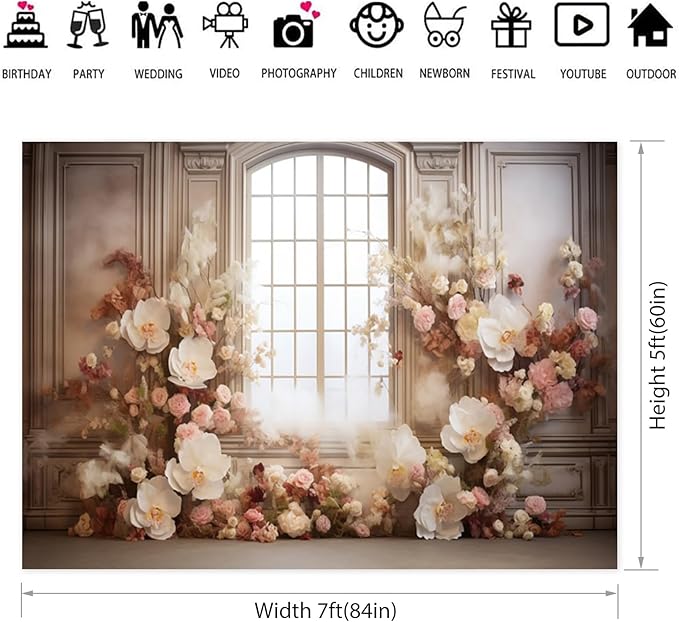 European Style Interior Room Backdrop 7x5ft Art Oil Painting Flowers French Window Photography Background Birthday Bridal Shower Women Girl Home Room Office Decor Banner Photo Studio Props