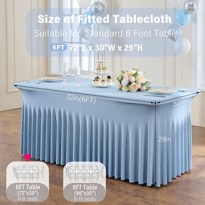 2 Pack Dusty Blue Spandex Table Clothes for 6 Foot Rectangle Tables, Wrinkle Free Fitted Table Cover 6ft Stretch Tablecloths Desk Skirt for Parties Weddings Birthday Banquet Baby Shower
