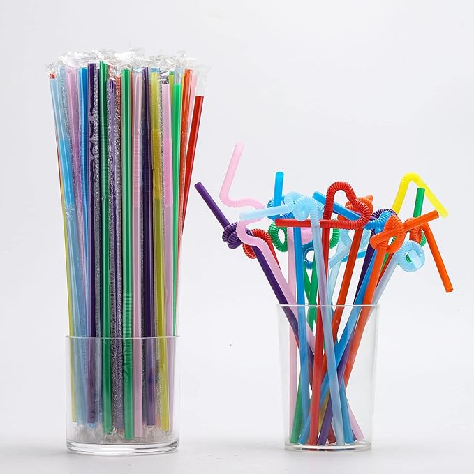 500 Pcs Flexible Disposable Plastic Drinking Straws, Individual Package 10.2 Inches Colorful Extra Long Bendy Party Fancy Straws