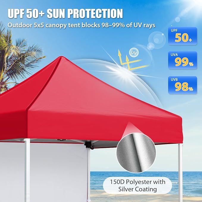 EAGLE PEAK Pop up Canopy 5x5, Outdoor Portable Canopy Tent with One Removable Sunwall, Carry Bag Included, Red
