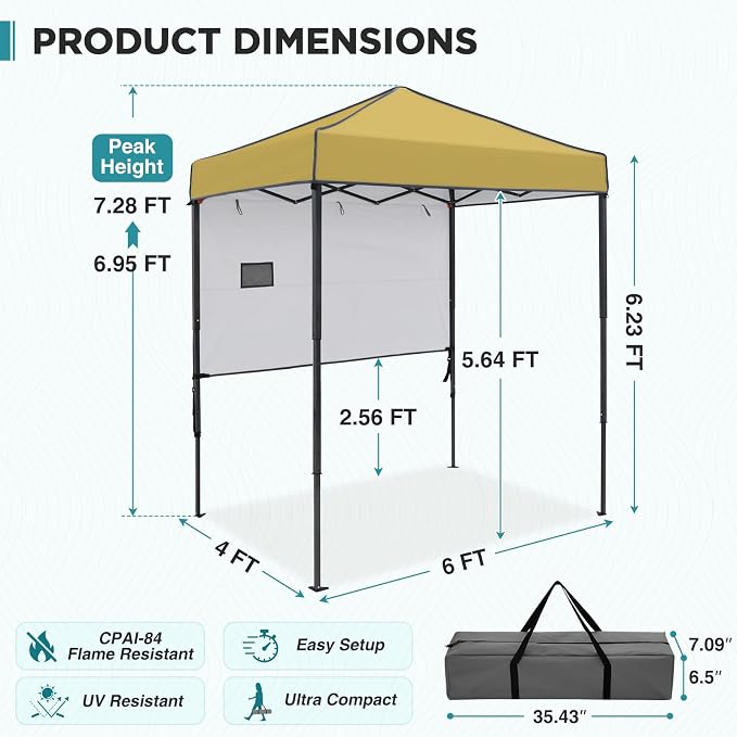 EAGLE PEAK 6x4 Instant Pop Up Canopy Tent with 1 Half Wall Panel, Straight Leg Sun Shelter, Portable Canopy with Carry Bag for Camping, Beach & Sports, Beige