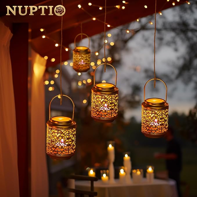 NUPTIO Gold Candle Lanterns Decorative: 6 Pcs Hanging Metal Tealight Candles Holder 4.1inch Brass Mini Tea Light Lantern Centerpiece for Weddings Bridal Shower Anniversary Table Decor (Style 3)