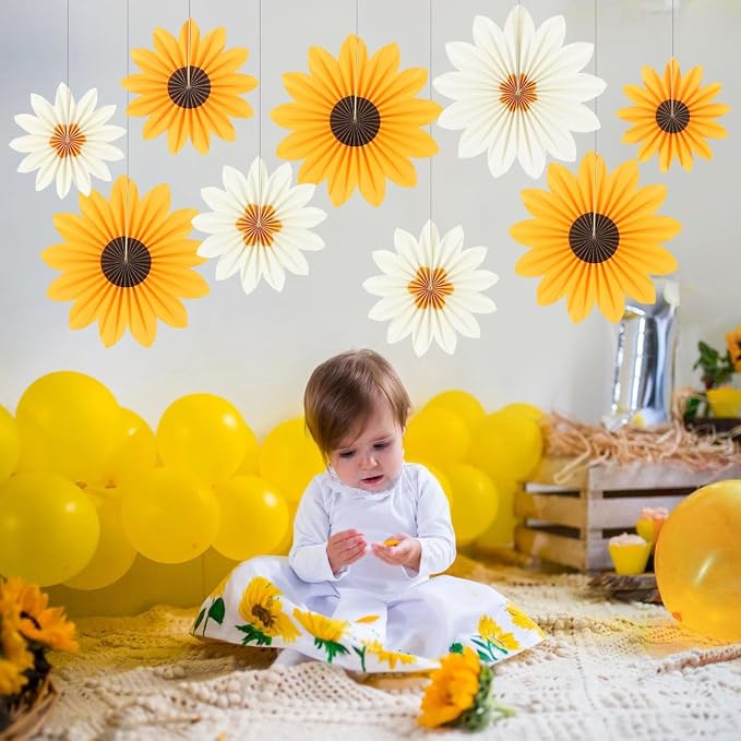 DODOKIM Sunflower Birthday Decorations Paper Flowers Decorations for Wall Floral Backdrop Classroom Baby Shower Paper Fans Flower Wall Decor Pack of 9 Sunflower Yellow Ivory
