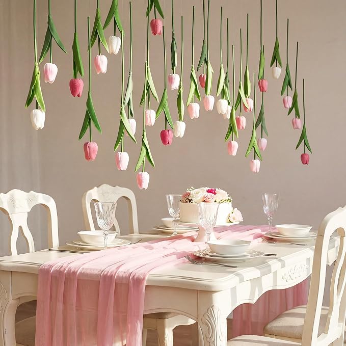 12 Pack 3 Colors 5 ft Artificial Tulips Hanging Flower Garland Decorations Spring Summer Dangling Faux Tulip Floral Vine Strings with Hooks for Wall Ceiling Wedding Tea Party