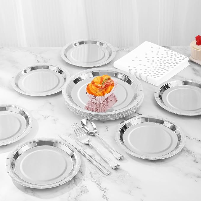 Silver Plates Party Supplies Disposable Dinnerware Set,168pcs Silver Paper Plates and Napkins for Graduation Holiday Disco Birthday Party Decorations Serves 24