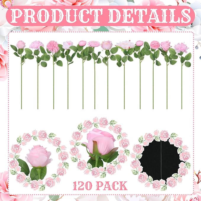 Lyrow 120 Pack Pink Roses Artificial Flowers Bulk Hanging Floating Garland Fake Pink Rose Vine for Ceiling Decoration Wedding Anniversary Bridal Bouquet DIY Floral Arrangement Proposal Romantic Decor