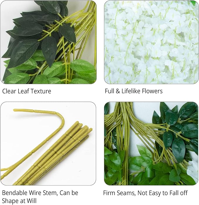 12 Pack Artificial Wisteria Hanging Flowers Fake Wisteria Flower Silk Vines Rattan Decor for Home Wedding Arch Wall Garden Greenery Bedroom Outdoor Office Party Decoration (White)