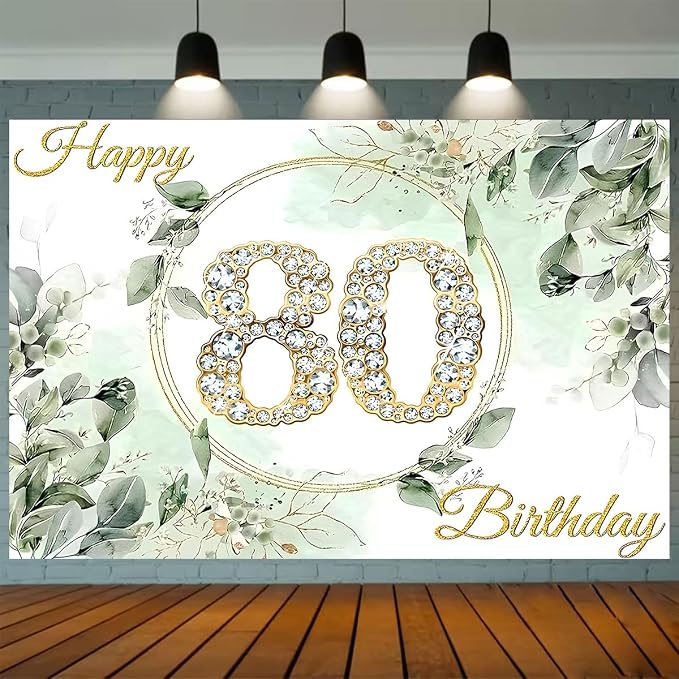 Greenery Eucalyptus Leaves 80th Birthday Backdrop Sage Green Succulent Birthday Decorations Gold Diamond Design Adult Women Men 80th Anniversary Birthday Wedding Banner (D, 9X6FT)