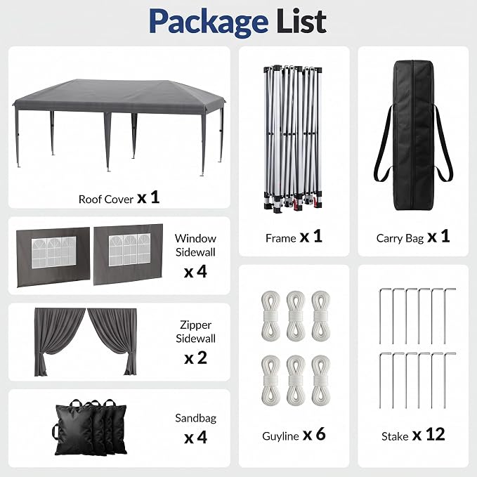 10x20 Pop Up Canopy with Sidewalls, Instant Tent with Carry Bag, Sandbags, Height Adjustable Waterproof Outdoor Canopy, Outdoor Canopy for Events, Camping, Parties (Grey)