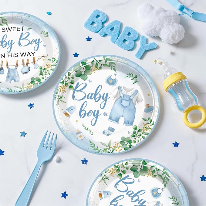 Xynic 201PCS Baby Shower Decorations Boy Tableware Set, 25 Serves Disposable Plates and Napkins Set, with 2pcs Tablecloth, Cake Topper, Banner, Balloons for Baby Boy Shower Decorations