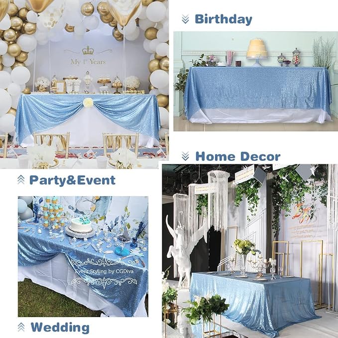 Eternal Beauty Baby Blue Tablecloth, 90x156 Inch Sequin Rectangle Table Cover for Cake Dessert Exhibition Party Birthday Events