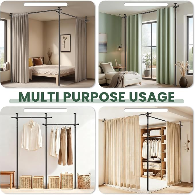 Jilron Room Divider Curtain Rod Tension Rod No Drilling, Adjustable Height, Quick Setup for Rental, Dorm, Bedroom, Office(Black - W72-200 × H43-120 in)