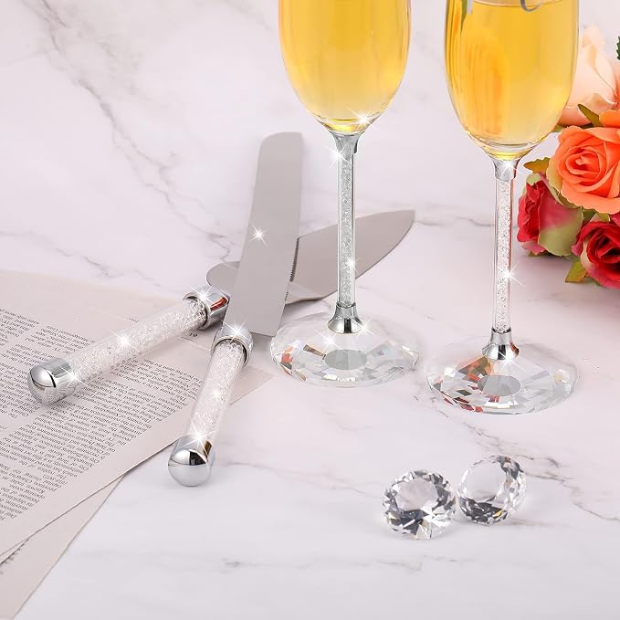 Wedding Cake Knife and Server Set, Mr and Mrs Champagne Flutes, Bride and Groom Champagne Glasses and Wedding Cake Cutting Set for Valentines, Wedding, Engagement, Bridal Shower Gifts (Silver)