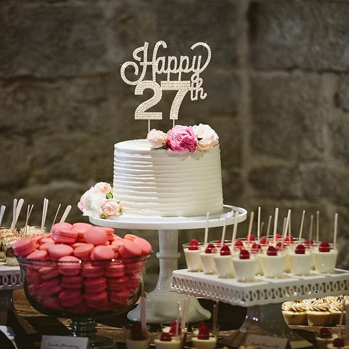 LINGTEER Happy 27th Birthday Gold Rhinestone Cake Topper - Cheers to 27th Birthday 27 Years Old Anniversary Party Cake Centerpieces Topper Decorations Gift Sign.