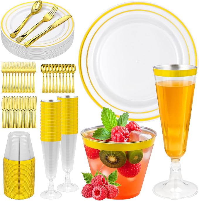 150PCS Gold Plastic Plates Set for 25 Guests, Disposable Dinnerware Set of 25 Small Dessert Plates 7.5", Cups 9" ,Champagne Flutes Cups 5", Spoons, Forks, Knives for Birthday Wedding & Party Supplies