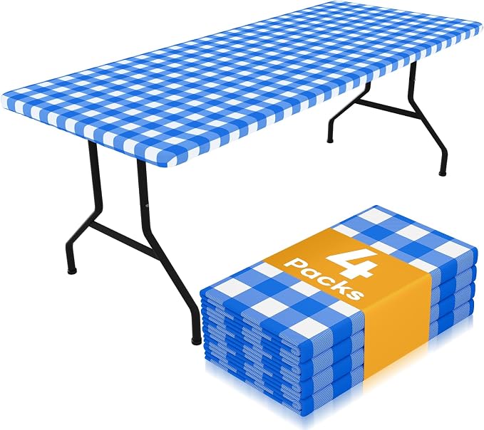 Smiry Picnic Table Cloth 4 Pack, Waterproof Elastic Fitted Tablecloths for 4FT Rectangle Tables, Washable Polyester Buffalo Plaid Tablecloth for Camping, Dining & Outdoor (Blue & White, 30" x 48")